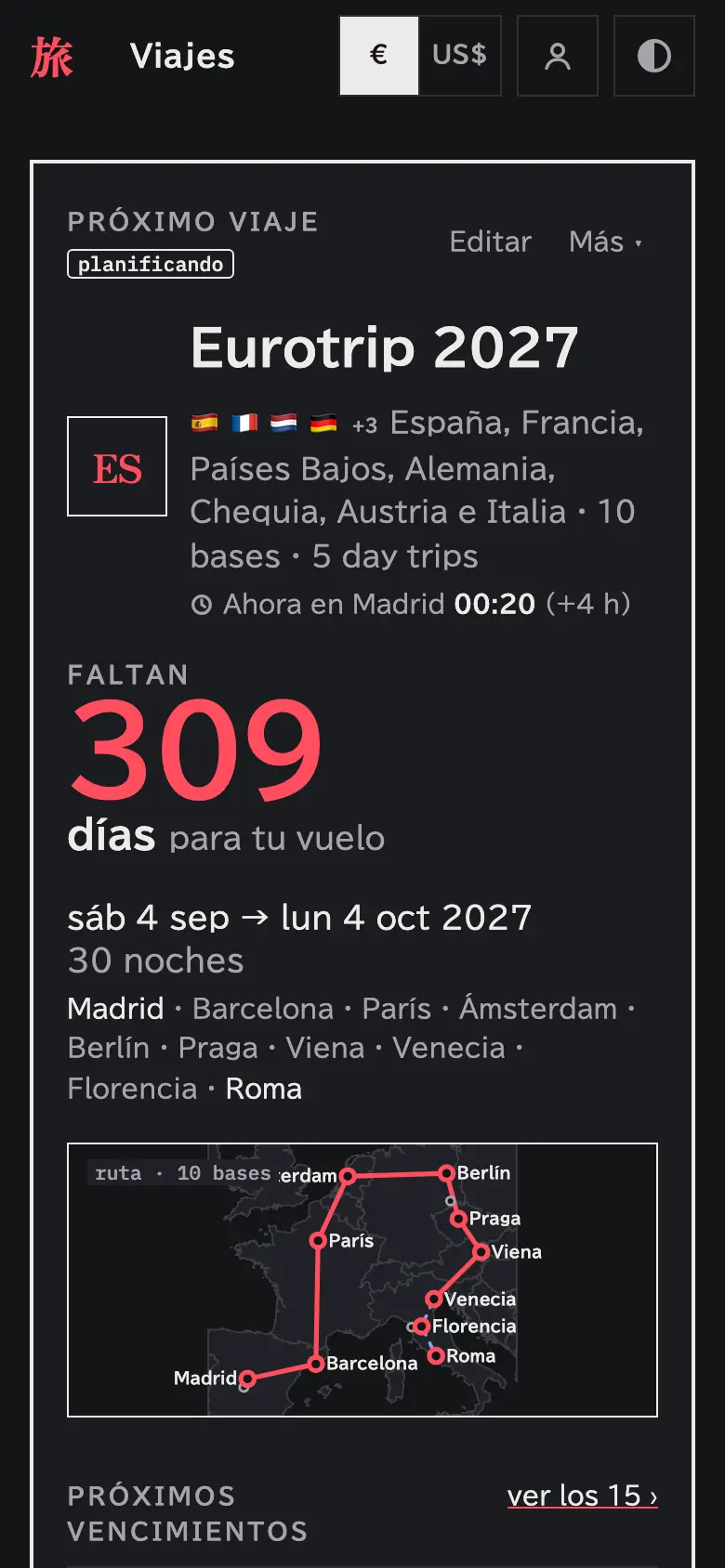 Captura de la app en un teléfono: la portada de un viaje de demostración por Europa, con la cuenta regresiva, las ciudades y el mapa de la ruta.