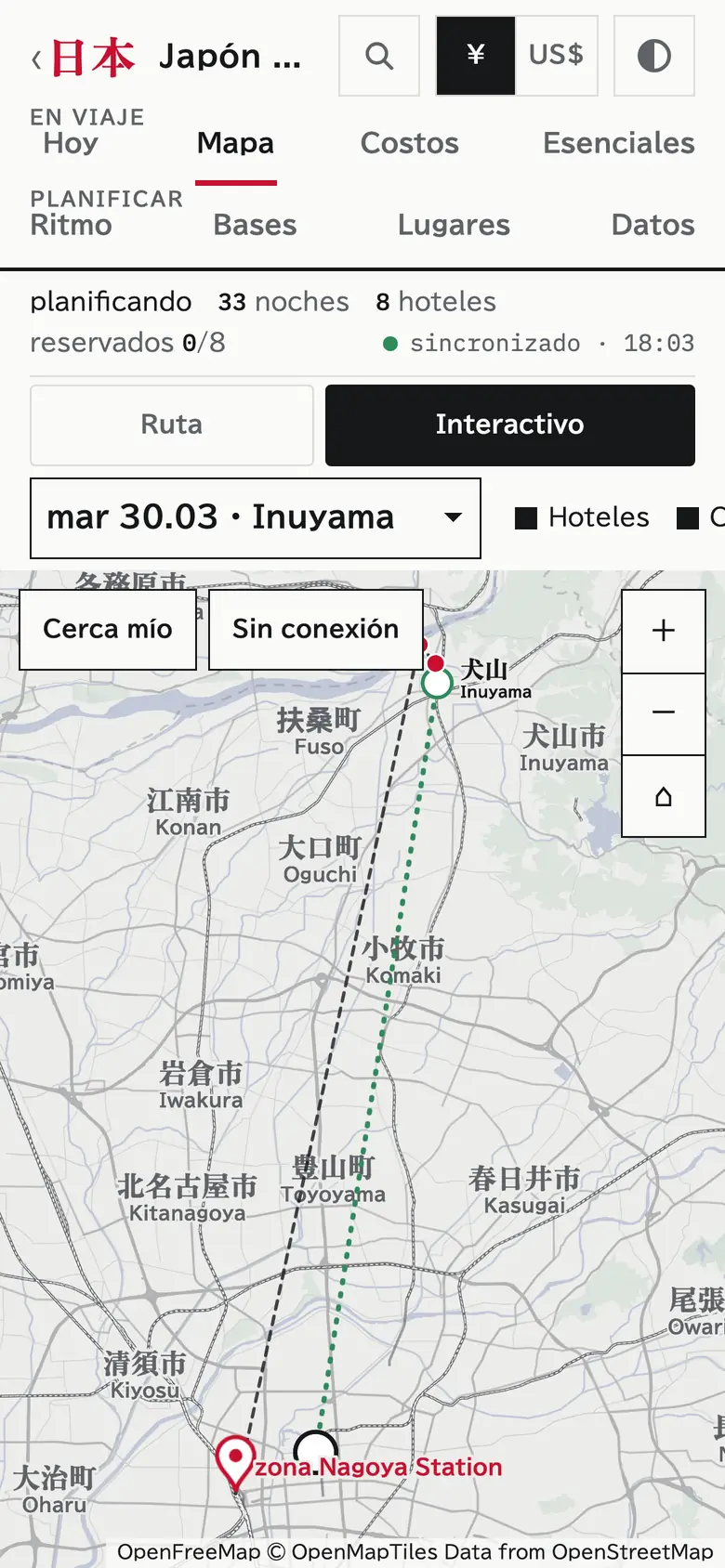 Captura del mapa interactivo: los lugares del viaje sobre las calles, con los controles para acercar y guardar zonas sin conexión.
