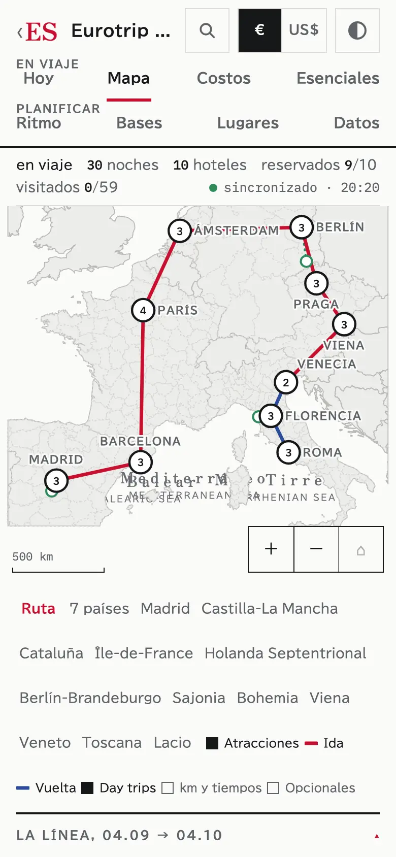 Captura del mapa de la ruta de un viaje de demostración por Europa, con las bases numeradas.